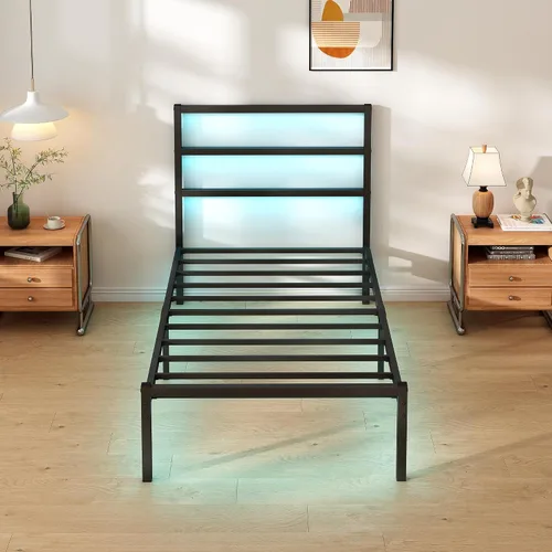 Miniatura 4 de CLIBFENG Base de cama individual con cabecero, soporte de listones de acero resistente, marco de cama LED con estación de carga USB, base de colchón