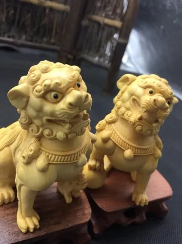 Miniatura 6 de Feng Shui - Par de estatuas de perros Fu Foo, adornos de estatua de Kylin de madera maciza, protección de energía malvada, estatua de Pixiu/Piyao