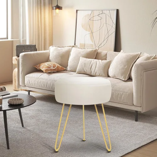 Miniatura 4 de Reposapiés de terciopelo suave y moderno, reposapiés redondo, otomano, con patas de metal dorado y relleno de esponja, reposapiés tapizado, sala