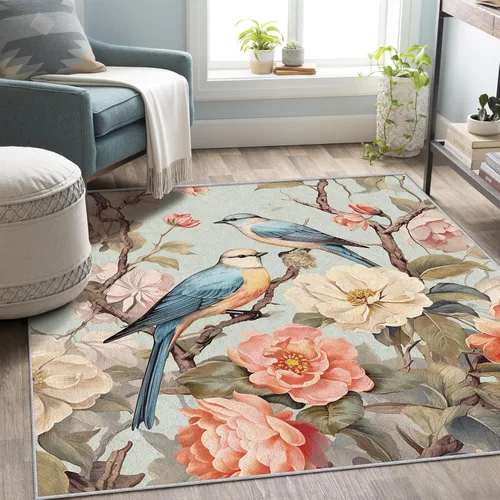 Miniatura 4 de Bird Flower Rugs for Bedroom 5x7 - Retro Floral Carpet for Living Room, 70s Rustic Washable Area Rug & Home Decor, Soft Low Pile Non Slip Indoor
