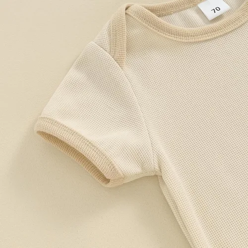 Miniatura 3 de Ropa de verano para recién nacido, ropa acanalada de manga corta, pantalones cortos de cintura elástica sólida, traje de primavera