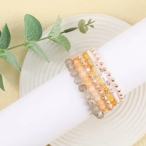 Miniatura 6 de Pulseras bohemias apilables de cuentas para mujer con dije de cruz, 6 pulseras elásticas de cuentas de piedra natural, cuentas de cristal de perlas