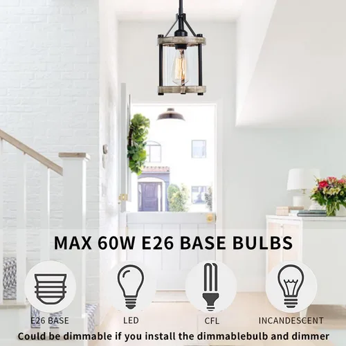 Miniatura 4 de Lámpara Colgante de Granja, Accesorios de Luz Colgante de Madera Blanca Rústica y Jaula de Metal con Vidrio, 43 Pulgadas Ajustable para Techo Plano