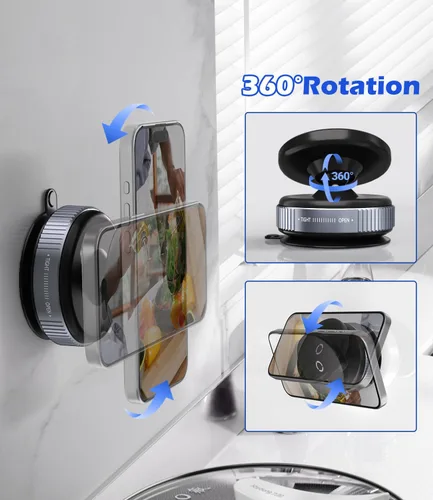 Miniatura 4 de Soporte magnético para teléfono con ventosa [giratorio de 360°] compatible con MagSafe iPhone para ducha, cocina, gimnasio, vidrio, espejo, Negro