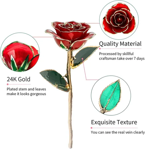 Miniatura 2 de Fydun Rosa dorada para adultos mayores, hoja verde, tallo largo, sumergida en oro de 24 quilates, en caja de regalo con soporte transparente, rosas