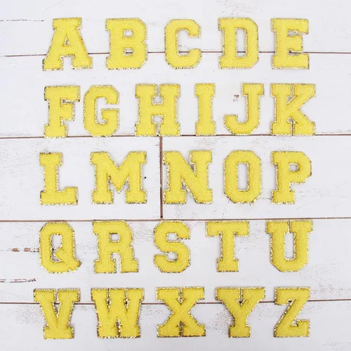 Miniatura 57 de Paquete de 3 parches de felpilla termoadhesivos con brillantina de las letras "S" de 2.0 in de alto, tela de felpilla negra con ribete dorado