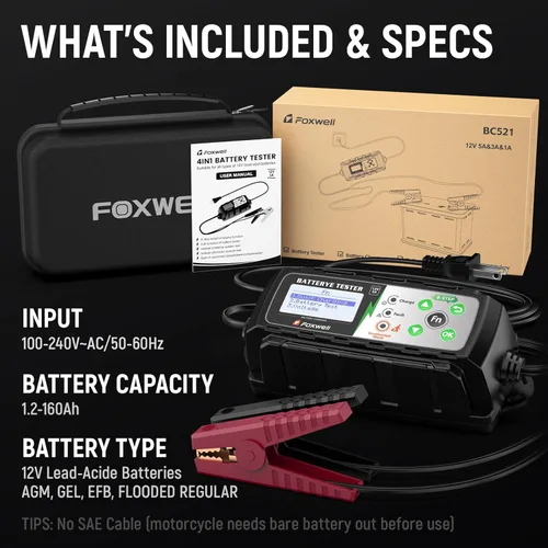 Miniatura 9 de FOXWELL BC521: cargador de batería de coche de 12 V con probador, mantenedor de batería inteligente 4 en 1 5A, prueba de estado de la batería