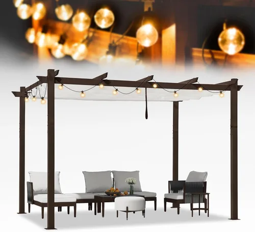 Miniatura 35 de PURPLE LEAF Pérgola Retráctil de 10' x 13' para Exteriores de Aluminio Blanco con Toldo de Sombra para Patio Refugio Moderno Marrón para Jardín