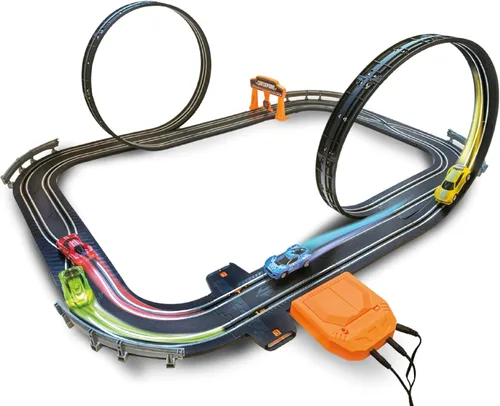 Miniatura 10 de Slot Car Race Track Sets - Juego de pistas de carreras eléctricas, 4 pistas de autos de alta velocidad para niños, auto de control remoto, juguetes