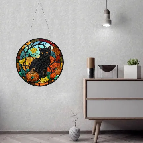 Miniatura 2 de LUSandy DIY 5D Halloween Calabaza Gato Diamante Kits de Pintura de Diamantes Cartel Colgante Letrero Arte de Pared Gato Diamante Arte Suncatcher