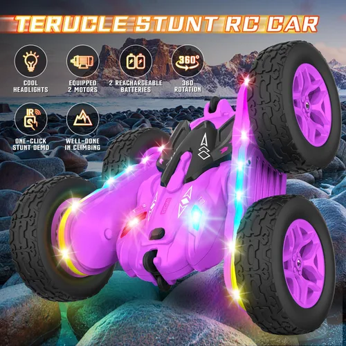 Miniatura 3 de Terucle Coche de Control Remoto, Coches RC Acrobacias Juguetes de Coche RC Nuevas Luces LED y Faros Mejorados Juguetes para Niñas Doble Cara Morado