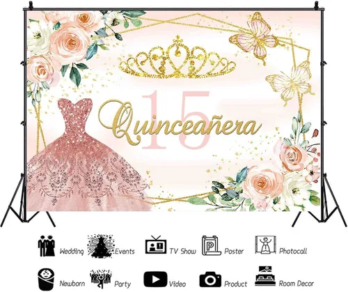 Miniatura 5 de Telón de fondo de quinceañera para cumpleaños número 15, vestido de princesa rosa, telón de fondo de quinceañera para niña dulce, corona dorada