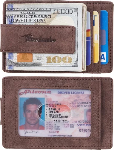 Miniatura 2 de Travelambo Portamonedas con clip para el dinero para hombres, cartera de cuero delgada minimalista, titular de tarjeta con bloqueo RFID