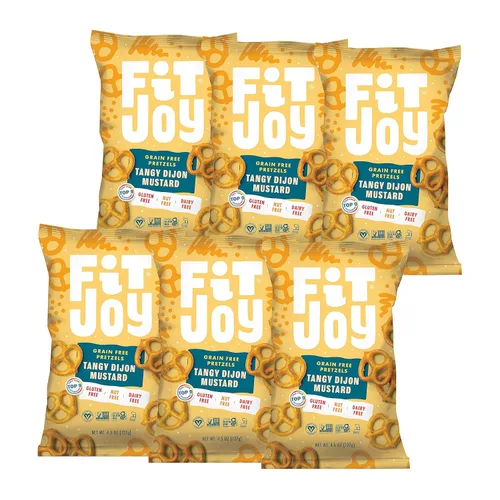 FitJoy Tangy Dijon - Pretzels de mostaza (paquete de 6, 4.5 onzas) – Snacks sin lácteos, nueces y gluten – Raíz de yuca y harina de garbanzos sin