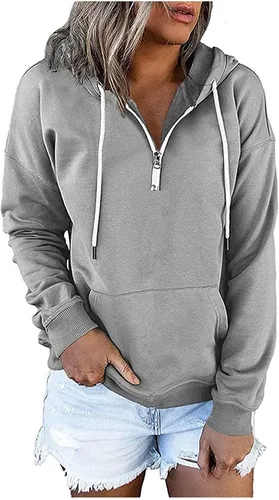 Miniatura 4 de Kainawee Sudadera con capucha y media cremallera para mujer, con cordón, atlética, moderna, con bolsillo frontal, manga larga, para otoño