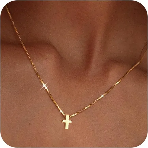 Cross Necklace for Womens, 14K Gold Plated Dainty Gold Necklaces Sterling Silver Small Cross Pendant Faith Necklace Simple Gold Necklace Jewelry