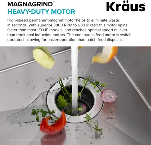 Miniatura 5 de KRAUS WasteGuard KWD100-33MBL - Triturador de basura ultra silencioso de 1/3 HP con conexión rápida, cubierta de drenaje para fregadero de cocina