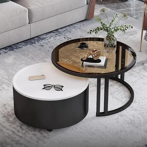 Miniatura 8 de Couchtisch Rund 2er Set, Kreativer Runder Couchtisch Aus Glas mit Metallrahmen, Mit Stauraum für Kleine Räume Wohnzimmer Schlafzimmer Balkone mit B