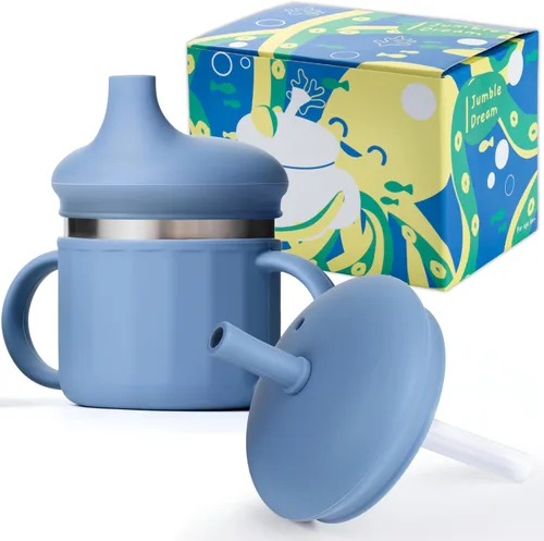 Jumble Dream Vaso de acero inoxidable para niños de 1 a 3 años de edad, vaso de entrenamiento de silicona para niños con pajilla, vaso para niños