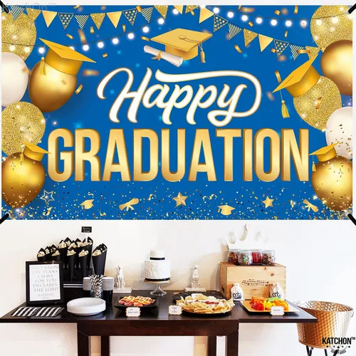 Miniatura 3 de Katchon, Cartel de feliz graduación dorado y azul – Xtralarge, 72 x 44 pulgadas Fondo de graduación 2026, decoraciones de graduación clase de 2026