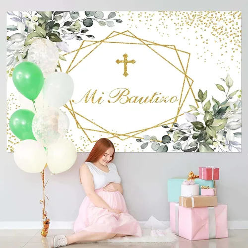Miniatura 2 de Mi Bautizo - Telón de fondo para primera comunión para bautismo, recién nacido, baby shower, fondo dorado con purpurina, vegetación, eucalipto