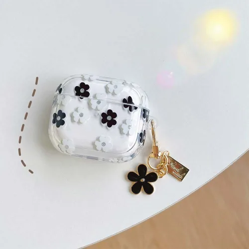 Miniatura 2 de Funda protectora para AirPods Pro de 1ª generación con llavero, bonita funda protectora para auriculares con flores negras y flores, TPU suave