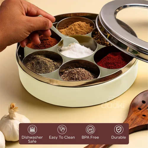 Miniatura 6 de DUDKI Homes - Caja Masala de acero inoxidable, caja de especias, Masala Dabba con organizador de cocina con tapa transparente con 7 recipientes