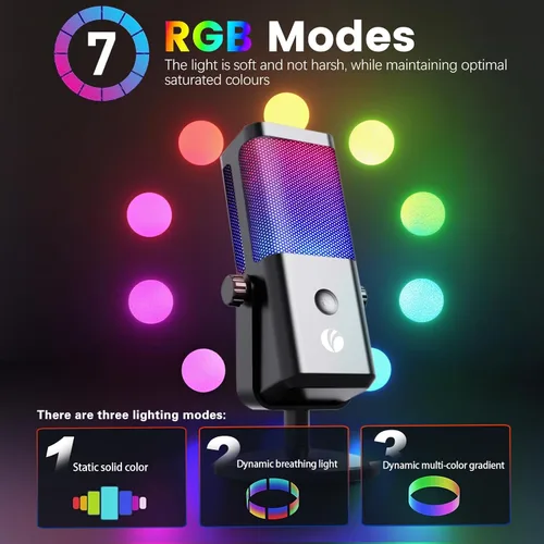 Miniatura 6 de VCOM - Micrófono USB para PC, micrófono RGB para juegos con botón de silencio, control de ganancia, conector de auriculares de monitoreo de 3.5 mm
