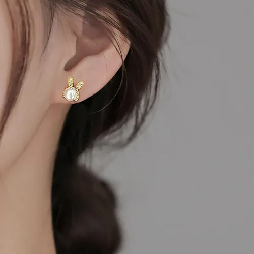 Miniatura 2 de SLUYNZ Aretes de plata de ley con diseño de conejo para mujer, con perlas de circonita cúbica, aretes de conejo, aretes de Pascua