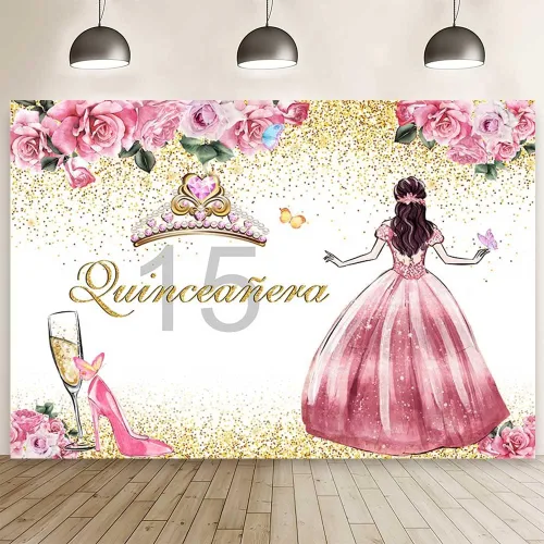 AIBIIN Telón de fondo de quinceañera de 15 cumpleaños para niñas, fondo de fotografía rosa floral dorado con purpurina, corona de princesa, tacones