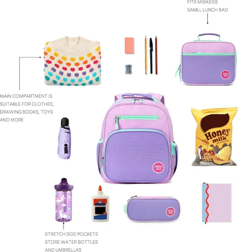 Miniatura 6 de mibasies Mochila para niñas y niños, ideal para niños y niñas, mochila para preescolar jardín de infantes y primaria, Púrpura claro, Niñito-12