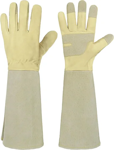 Miniatura 28 de HANDLANDY Guantes de jardinería de cuero, guantes largos a prueba de espinas, guantes de jardín resistentes, longitud al codo, guantes de poda