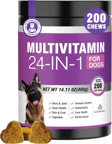 Vitaminas y suplementos 24 en 1 para perros, 200 unidades, multivitamínico masticable para perros, contiene condroitina, probióticos, Omega-3,