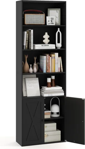 Giantex Estantería de 71 pulgadas de alto con puertas, moderna estantería negra de 4 niveles con kits antivuelcos, estante de madera de granja con