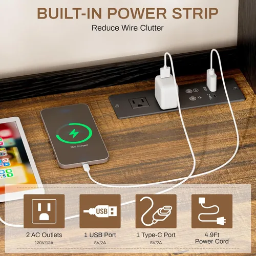 Miniatura 5 de LVSOMT Escritorio de Oficina en Casa de 40" con Estante Superior y Cajones, Escritorio para Computadora con Tomas de Corriente y Luz LED, Mesa
