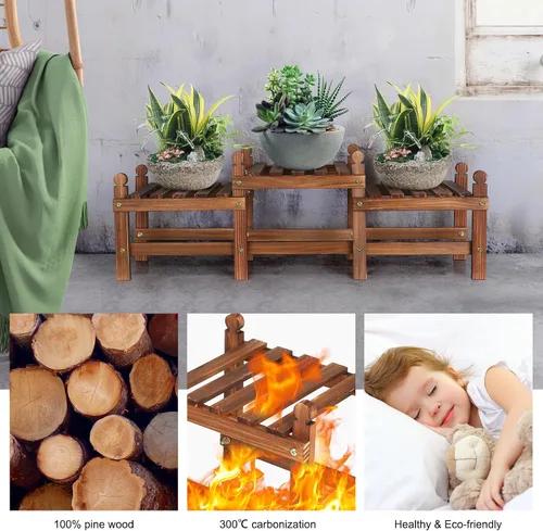 Miniatura 5 de Soporte para plantas de 3 niveles para interiores, banco bajo de madera para múltiples plantas, soporte largo para macetas de esquina