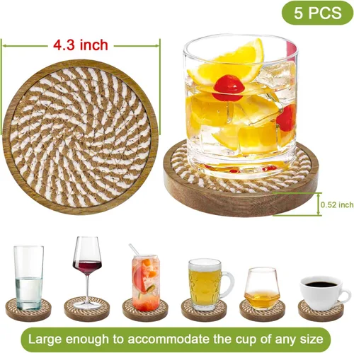 Miniatura 5 de Eykao Paquete de 5 posavasos absorbentes para bebidas, posavasos tejidos de 4.3 pulgadas para mesas de café, posavasos de madera para protección