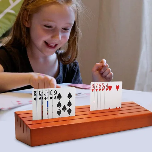 Miniatura 2 de Exqline Juego de 2 soportes de madera para naipes para niños, adultos mayores, 13.8 pulgadas x 3.1 pulgadas, versiones extendidas lo suficientemente