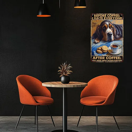 Miniatura 4 de KIYOYO Basset Hound Dog - Cartel de metal vintage de hound con texto en inglés "Before Coffee After Coffee" (Antes del café después del café)