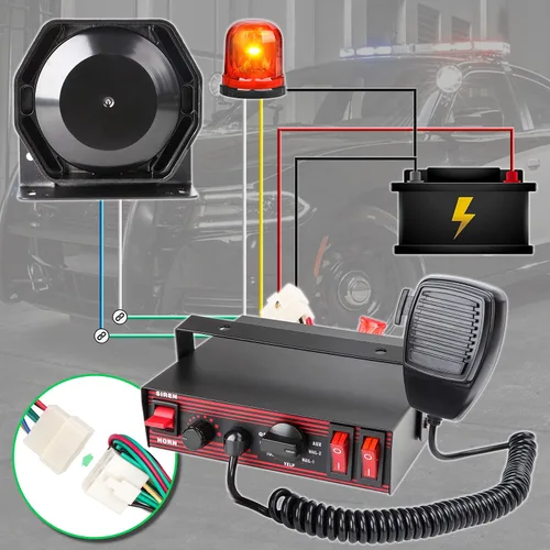 Miniatura 7 de Sirena de policía para coche, 8 tonos, sistema PA de sirena de emergencia de advertencia con micrófono de mano 12 V 200 W para ambulancia, camión