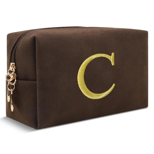Miniatura 229 de Pequeña bolsa de maquillaje personalizada con inicial A-Z Preppy Patch, bolsa de cosméticos de viaje de felpilla blanca con cremallera, bonita bolsa