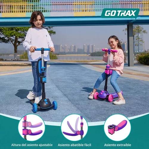 Miniatura 4 de Gotrax KS3 Pro - Monopatín plegable para niños, asiento removible con una sola llave y 3 ruedas PU extra anchas con luces, antideslizante y Azul