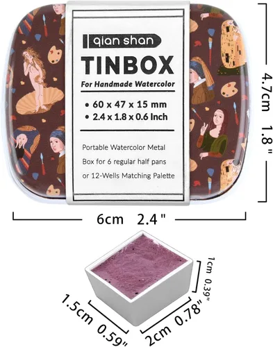 Miniatura 5 de Mini Juego de Caja de Lata de Viaje de Pintura de Acuarela de Artista Portátil Hecha a Mano con 6 Medias Bandejas Sólidas con Purpurina Nacarada
