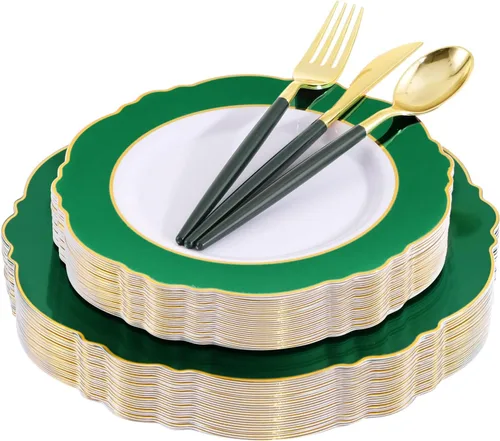 Miniatura 18 de WDF - Vajilla de plástico desechable para 30 invitados platos color oro y cubiertos color oro con mango blanco - Vajilla de plástico barroco blanco