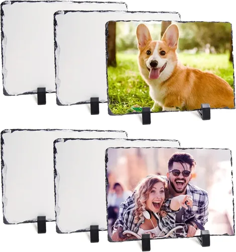 Paquete de 6 marcos de fotos de pizarra de sublimación personalizados de piedra de transferencia de calor, placa de fotos de roca de 5.7 x 7.7