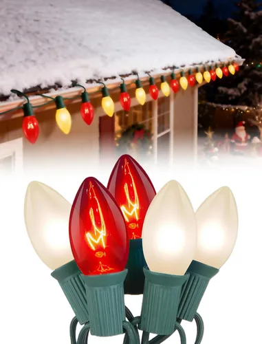 Luces de Navidad C9 rojas y blancas de 25 pies, cadena de luces de Navidad C9 impermeables con 26 bombillas rojas y blancas, luces de Navidad Luz