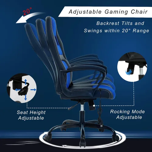 Miniatura 5 de Silla Gamer - Silla ergonómica de masaje para juegos, silla de escritorio de cuero azul para adultos y niños
