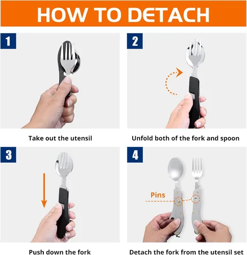Miniatura 2 de Utensilios para campamento HIKENTURE 4 en 1, juego de tenedor, cuchillo, cuchara y abridor de botellas de acero inoxidable con estuche de Negro
