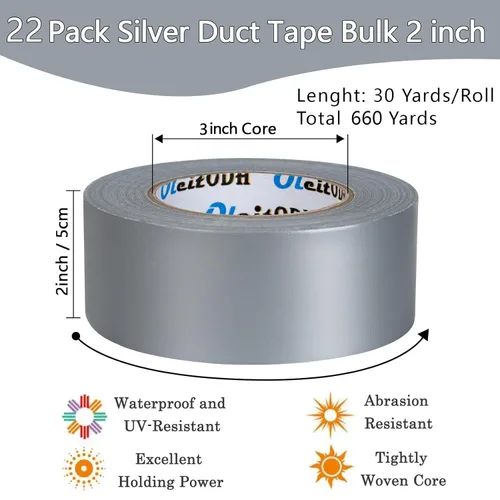 Miniatura 2 de Paquete de 22 cintas adhesivas plateadas a granel, 2 pulgadas x 660 yardas, impermeable de servicio pesado, fuerte sin residuos, cinta adhesiva
