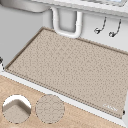 Miniatura 9 de Tapete para debajo del fregadero, 34 x 22 pulgadas, bandeja de silicona impermeable debajo del fregadero para armarios de cocina y lavandería, Azul